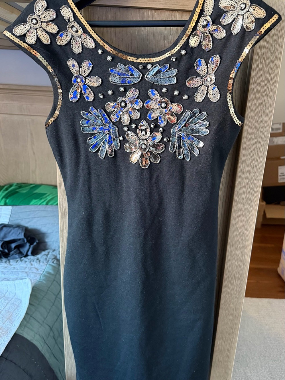 Black Embellished Floral Sequin Dress with gold and silver Accents